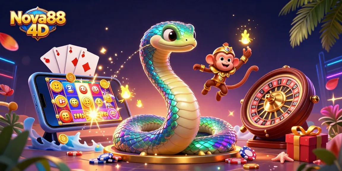 Engage with Nova88 4D lottery excitement as colorful slots and a magical monkey king blend in an illustrated scene.