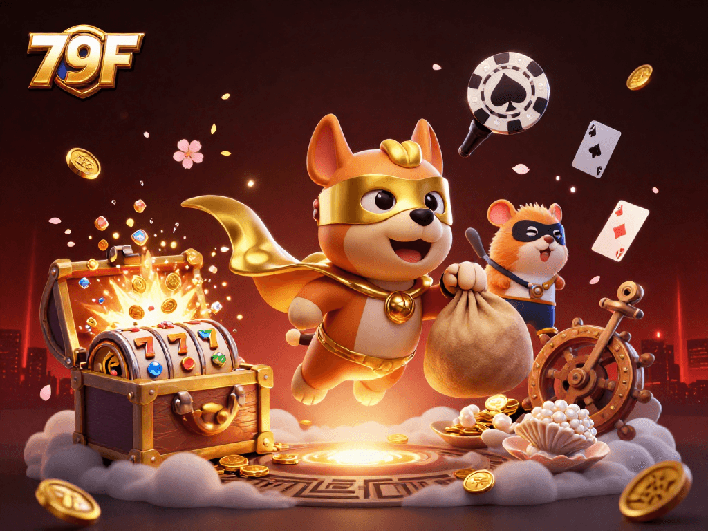 79F traz um cão super-herói voando com moedas de ouro, representando a emoção do cassino.