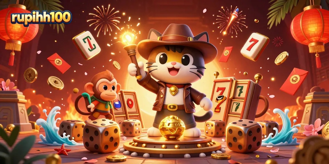 Experience the excitement of rupiah100 with an archaeologist cat discovering golden casino artifacts surrounded by vibrant game elements.