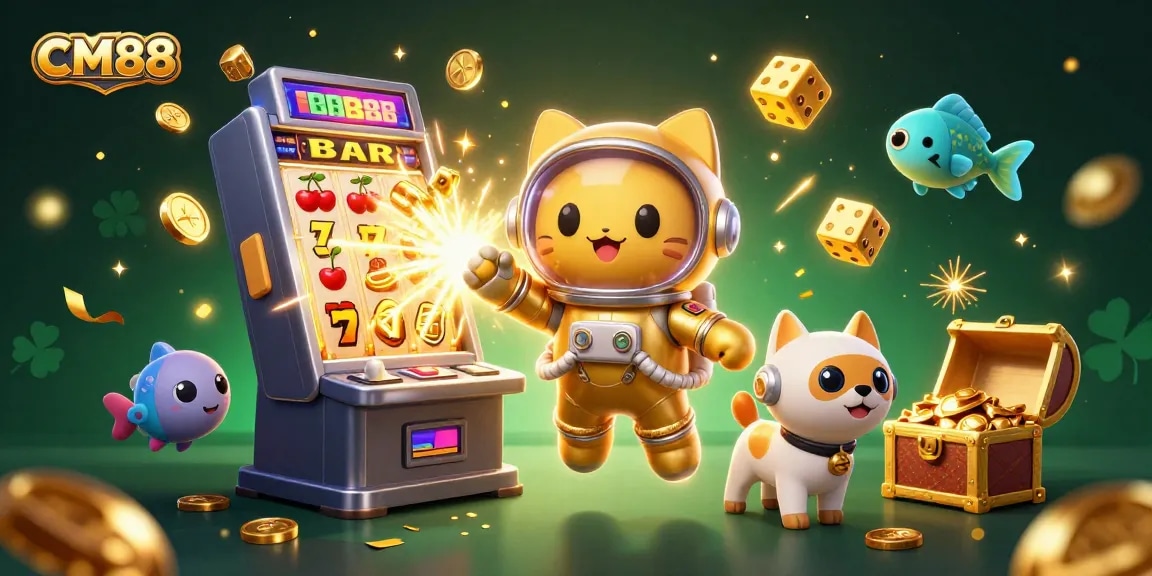 Spin the reels with CM88's vibrant casino adventure featuring colorful characters and jackpot excitement.