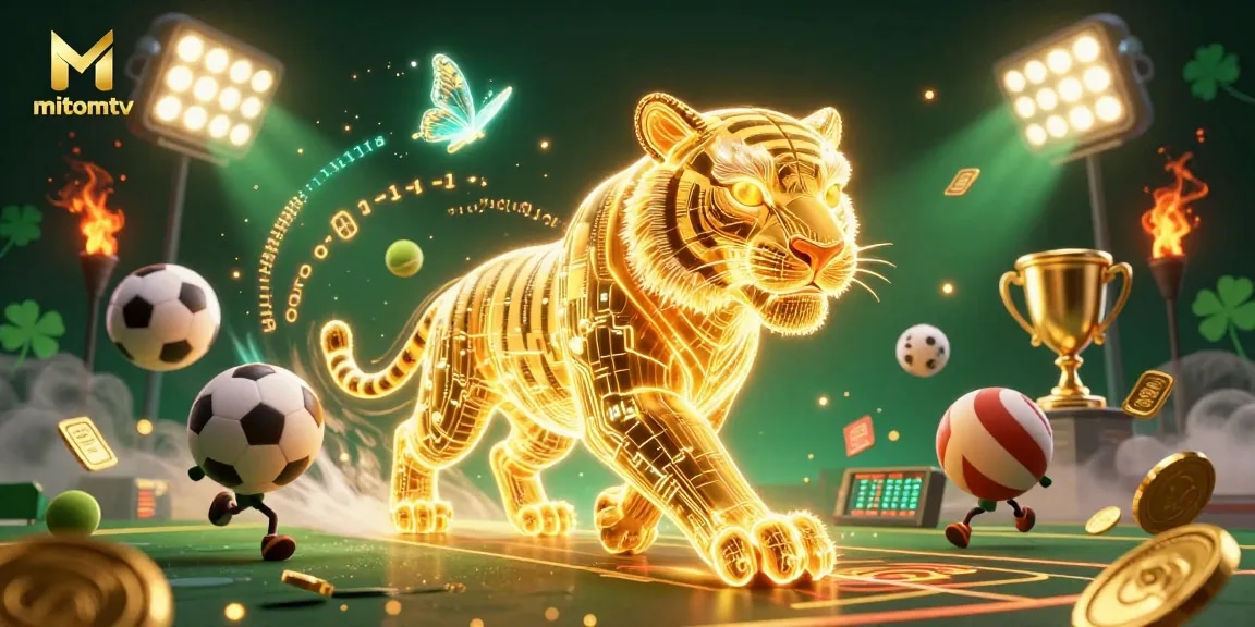 Witness the exhilarating action of mitomtv, an online sports betting platform, with dynamic sports elements and glowing visuals.
