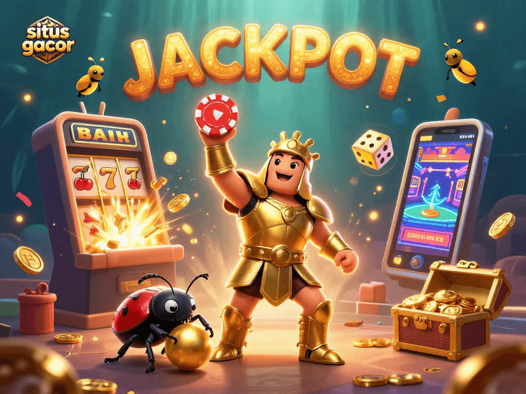 Menggenggam situs gacor, beetle hero bersenjatakan chip poker dengan latar belakang jackpot yang memukau.
