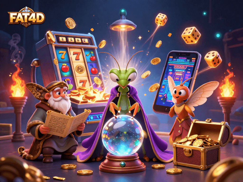 Experience dynamic jackpots with FAT4D's cartoon fortune teller and old moth librarian revealing winning game secrets.