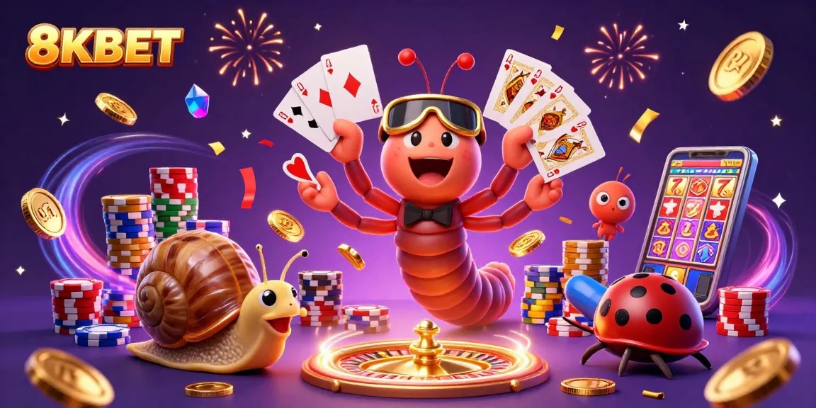 Win with 8KBET at the lively casino scene featuring a millipede dealer and vibrant gambling elements.