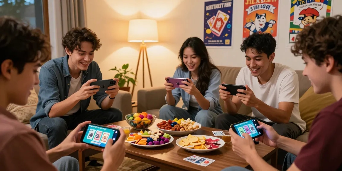 Exciting group of friends playing 3 Patti Gold APK game on smartphones in cozy living room.