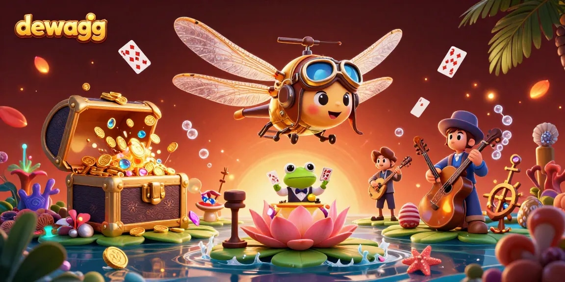 Dewagg transforms your gaming experience at a vibrant lily pad casino, featuring dynamic characters.