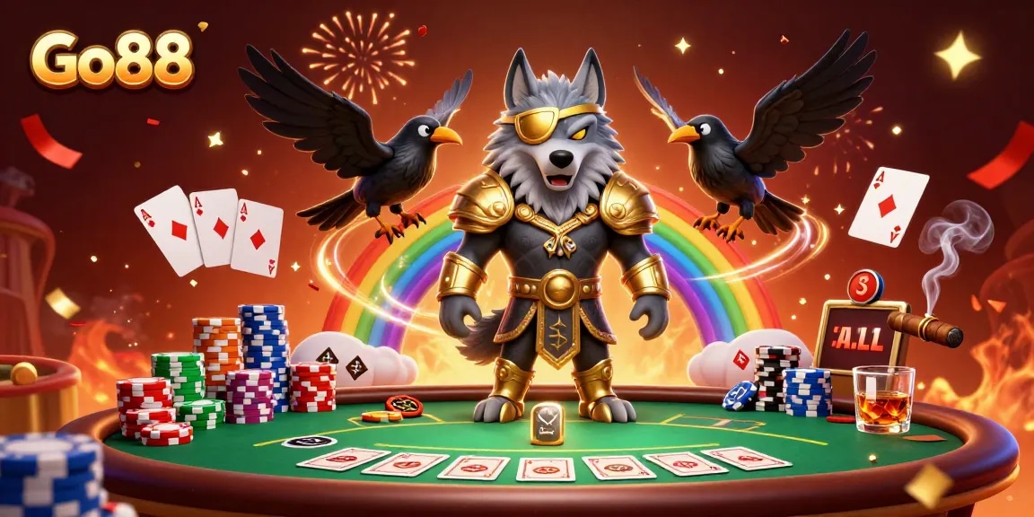 Engage with Go88's vibrant casino world, showcasing Odin and his ravens amidst dynamic poker elements.
