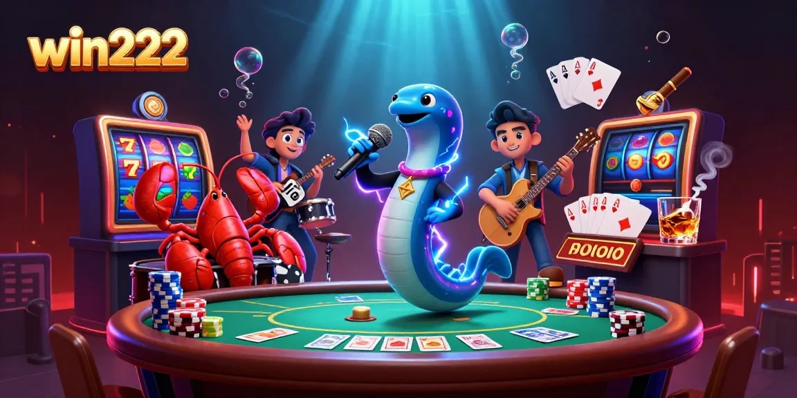 Win222 casino promotion scene featuring a DJ electric eel, lobster drummer, and seahorse guitarist in a vibrant underwater atmosphere.