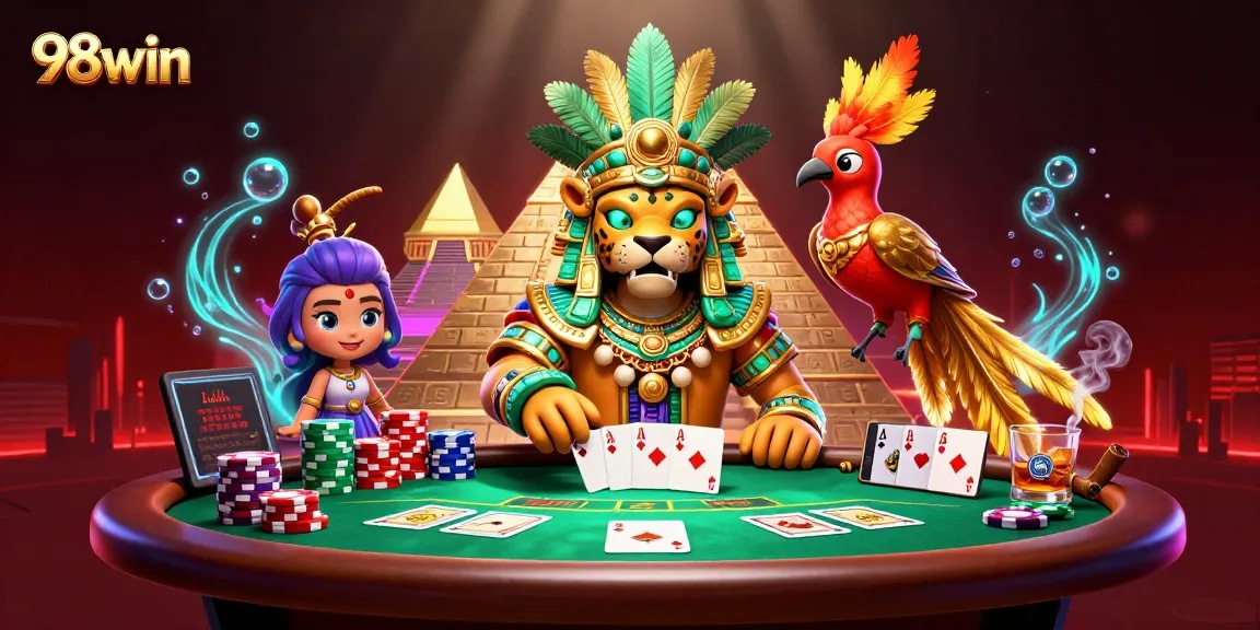 Engage in 98win gaming with vibrant characters and a dynamic casino scene featuring poker elements.