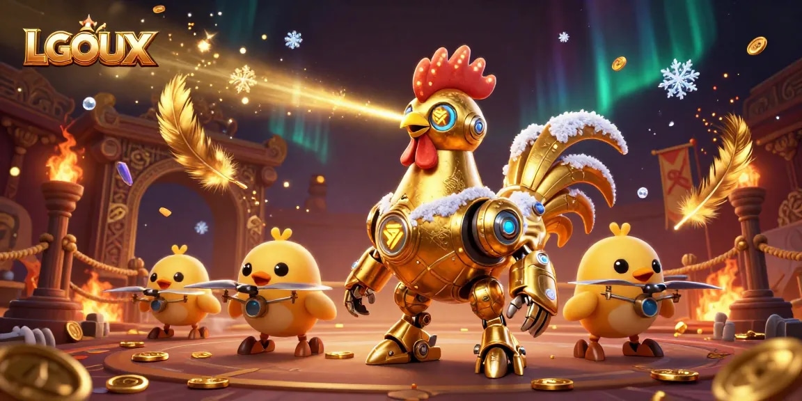 Engage with LGOLUX's thrilling gaming experience featuring golden rooster robot and baby chick drones in a vibrant casino setting.