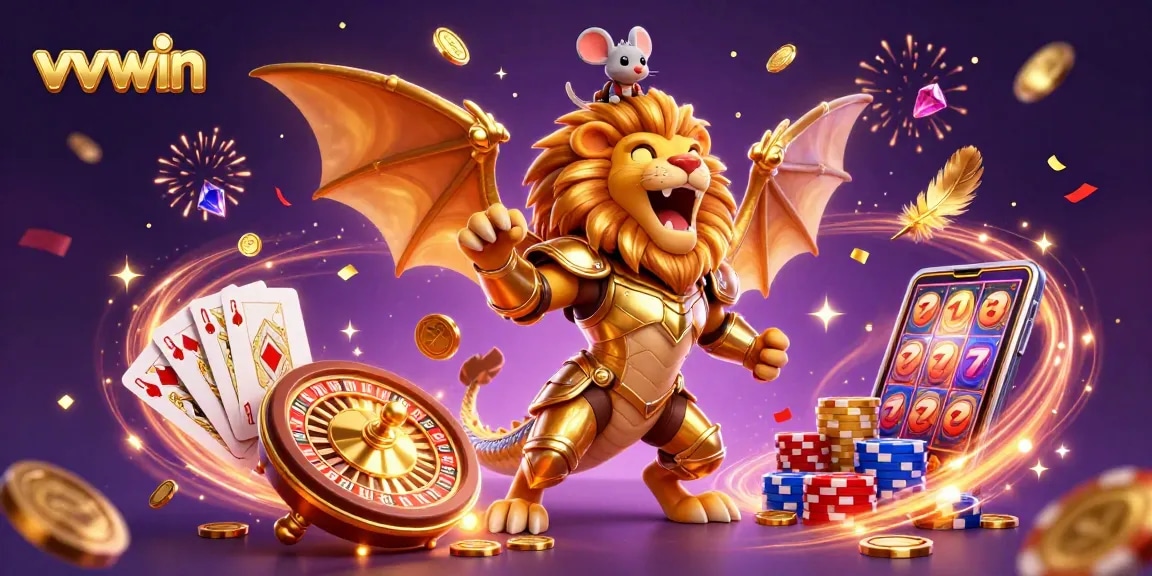 The vvvwin chimera creature captivates as it roars amidst a dazzling display of poker chips and coins.