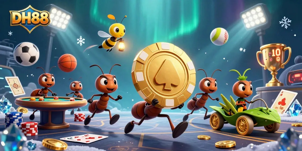 Experience DH88 excitement with cartoon ants heisting a giant poker chip in a dynamic casino scene.