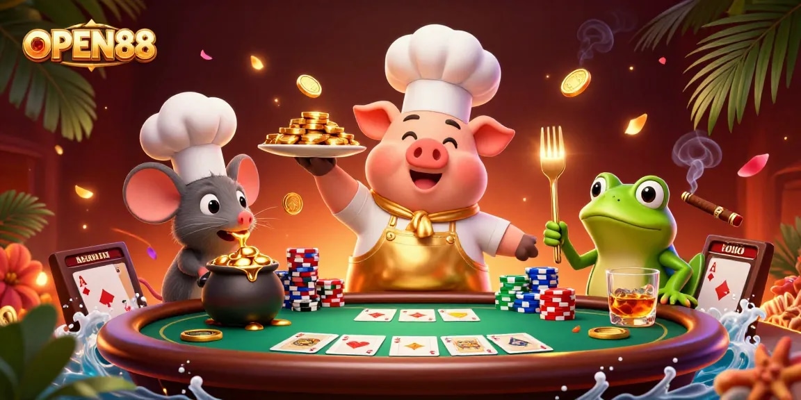 OPEN88 showcases a vibrant 3D casino scene with a chef pig presenting gold coins amidst poker elements.