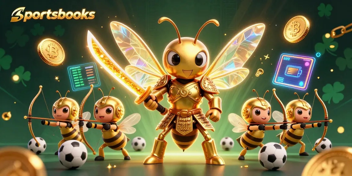Engage with sportsbooks through a vibrant scene with a hornet and crypto elements.