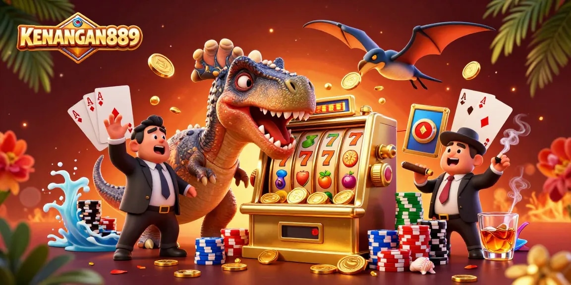 Experience KENANGAN889's vibrant slot action with dinosaurs and golden coins in a thrilling casino scene.
