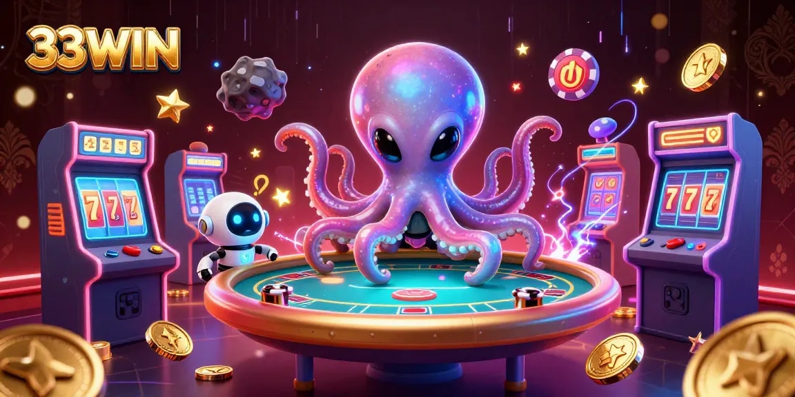 Engage with 33WIN in this vibrant casino scene featuring a cosmic octopus and holographic poker.
