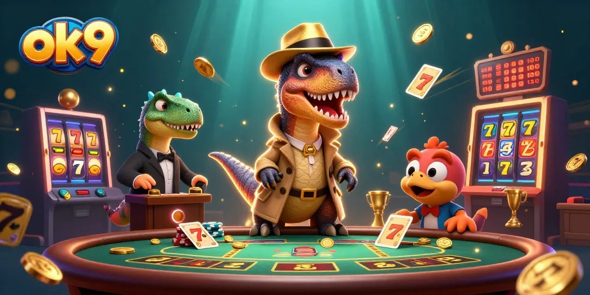Engage with OK9's vibrant casino scene featuring slot reels and playful dinosaurs creating excitement in gaming.