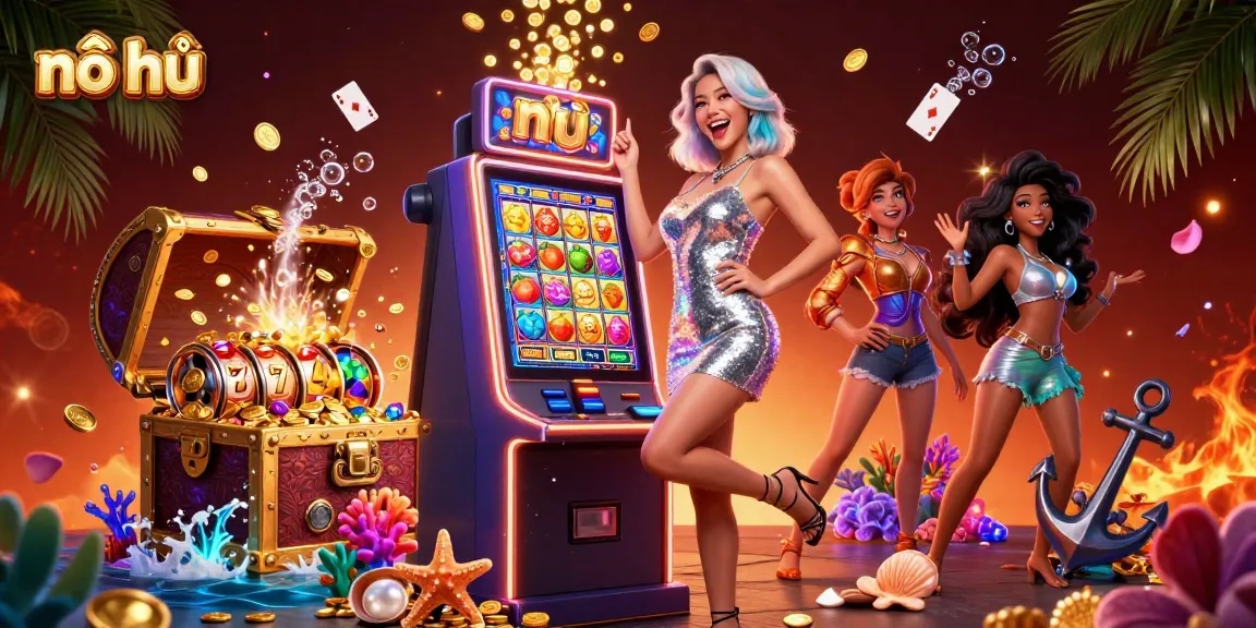 Experience nổ hũ excitement with a celebratory Asian woman next to a jackpot slot machine.