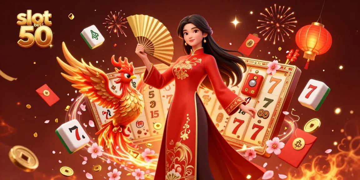 Experience thrilling slot bet 50 excitement with a vibrant 3D casino scene featuring a stunning woman and a phoenix.