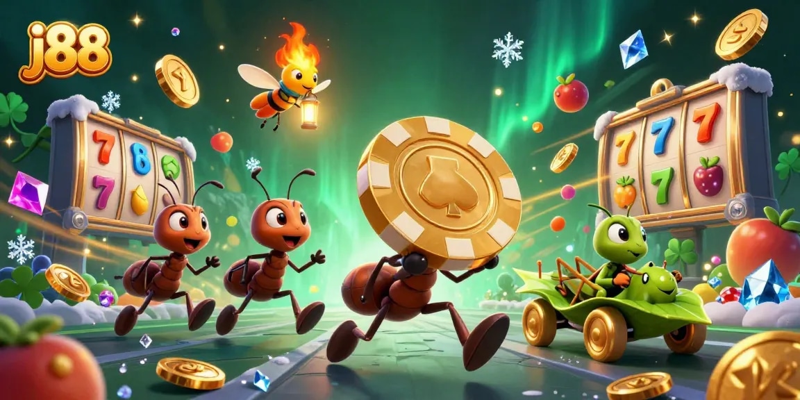 Engage in exciting slots action with j88 as ants race for a giant poker chip amidst vibrant casino elements.
