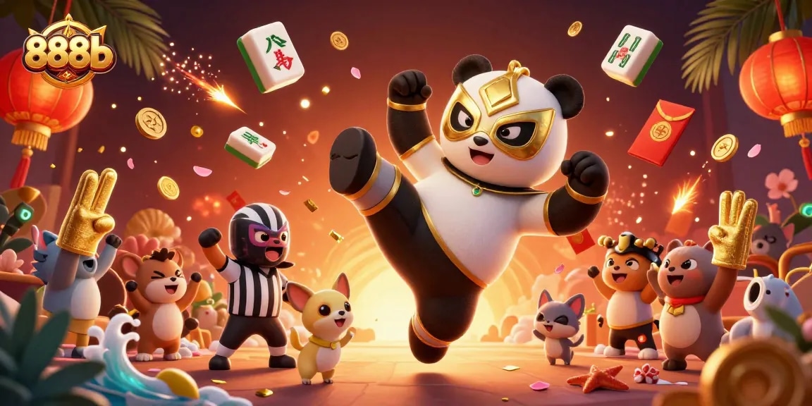 Join the excitement at 888b as a panda wrestler delivers an epic kick in a lively casino scene.