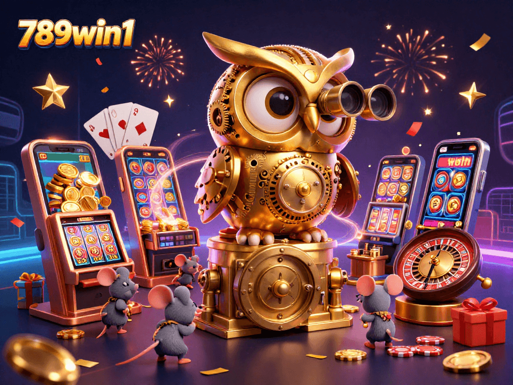 Engage with the vibrant excitement of 789win1 as a clockwork owl surveys a lively casino scene.