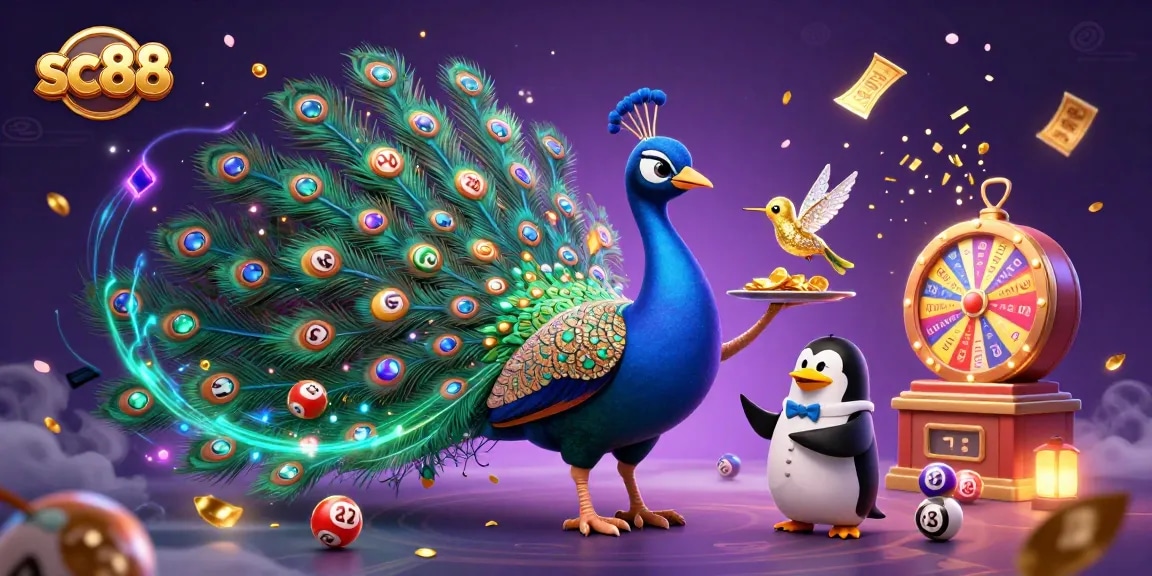 Experience the thrill of gaming at SC88 with a peacock, penguin, and hummingbird amidst colorful lottery elements.