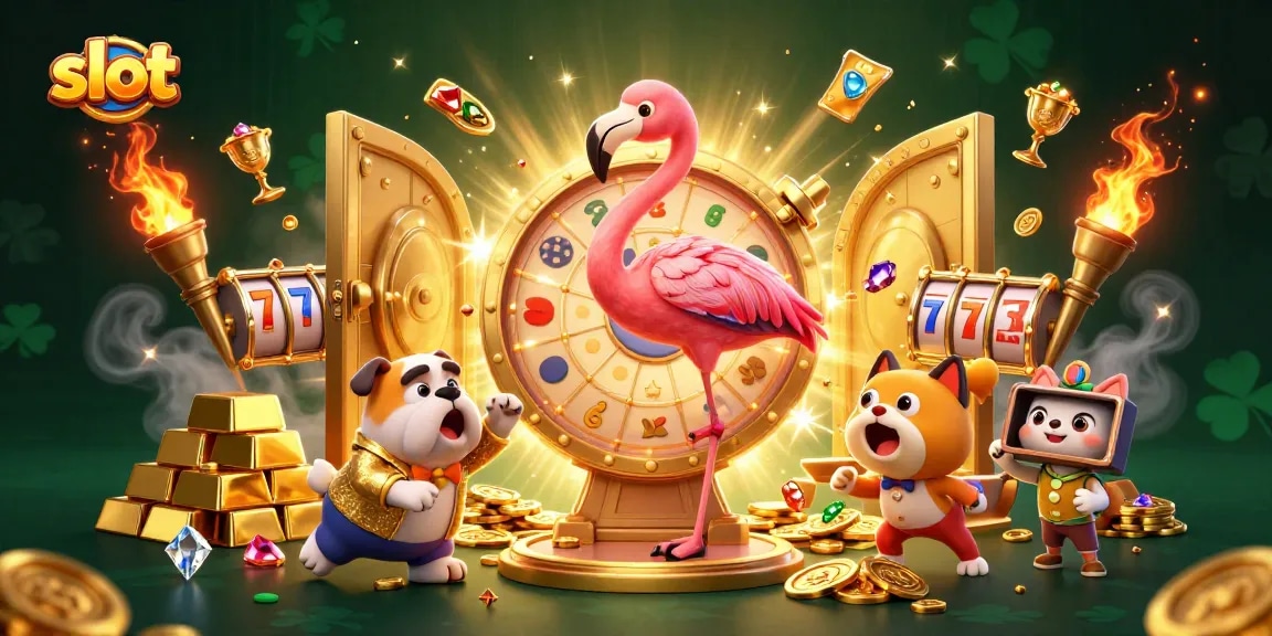 Spin the reels with thrilling gameplay at the slot extravaganza illustrated with gold and gems.