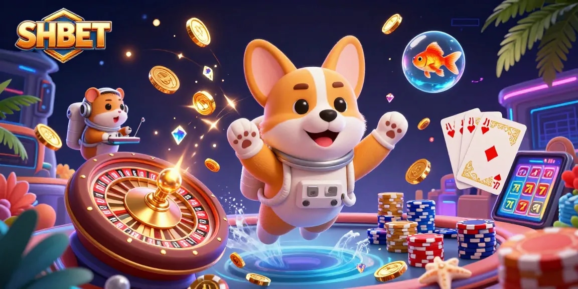 Engage with SHBET's thrilling casino experience featuring lively characters and dynamic gaming elements.