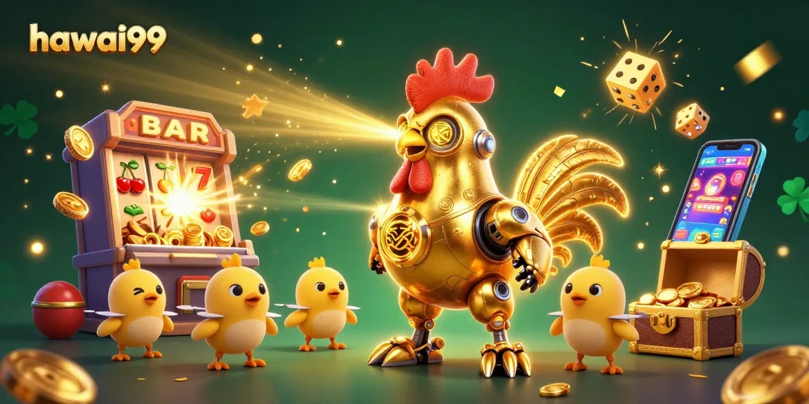 Experience the excitement of hawai99 with a vibrant 3D casino illustration featuring a golden rooster robot and more!