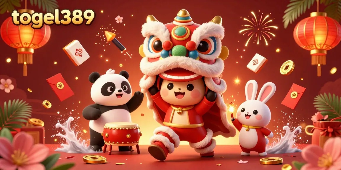 Engage in the excitement of togel389 with a dynamic 3D illustration featuring a festive lion dance and vibrant casino elements.