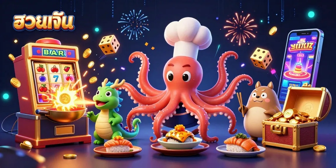 Engaging illustration depicting ถอนเงิน with an octopus chef and dragon, surrounded by rich casino elements.