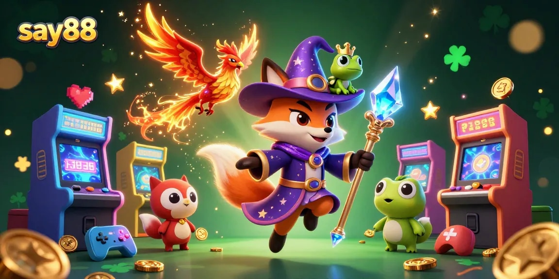 Join the winning action at say88 with a lively scene of a wizard fox, phoenix, and vibrant gaming elements.