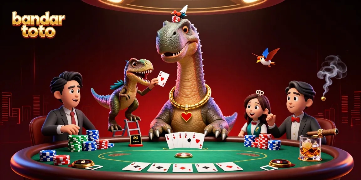 Engage in thrilling gameplay at bandar toto with a colossal brontosaurus and clever raptor in a vibrant casino scene.