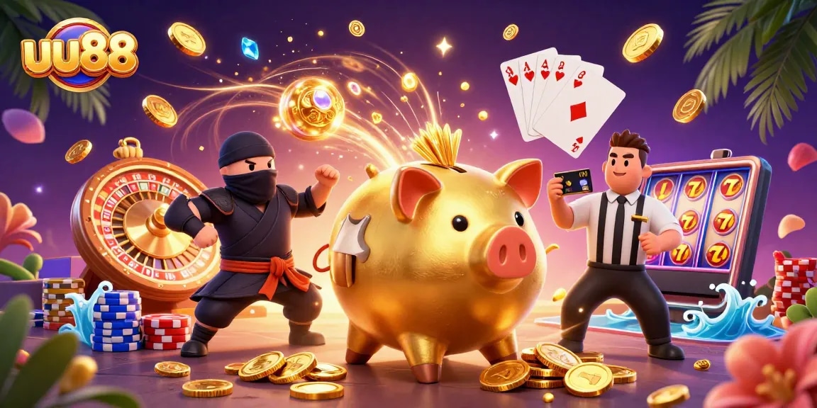 Experience the thrill of uu88 with a golden piggy bank sumo wrestler and dynamic casino elements.