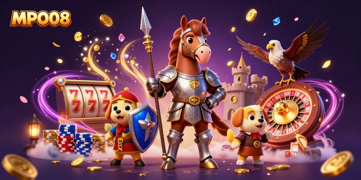 Experience the gaming excitement at MPO08 with vibrant characters, spinning slots, and cascading coins.