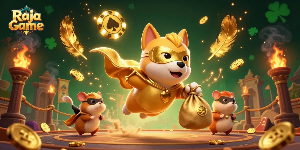 Engage with Raja Game as a superhero dog flies high with gold coins in a thrilling casino atmosphere.