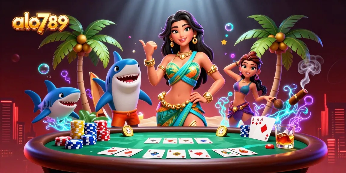 Alo789 online casino scene featuring a glamorous woman and a shark with dynamic poker elements