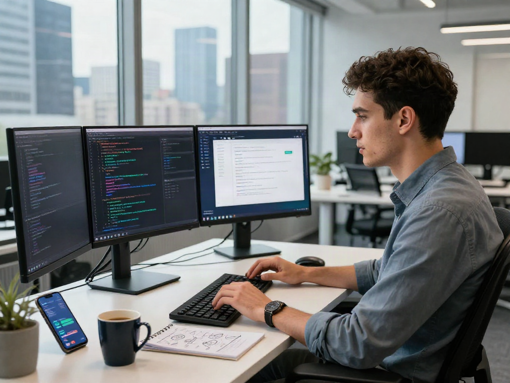 A software developer working on the mgm app in a modern office, showcasing a vibrant tech workspace.