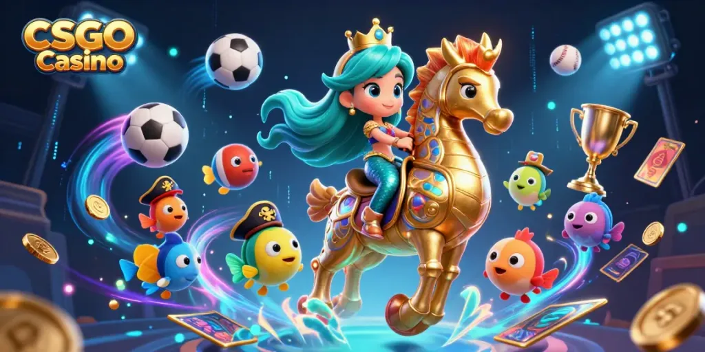 Experience thrilling action with CSGO Casino as mermaid princess rides a golden seahorse in this vibrant 3D scene.
