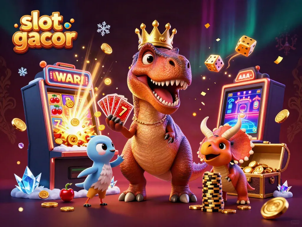 Experience the excitement of slot gacor with a playful dinosaur scene showcasing jackpot wins and colorful game elements.