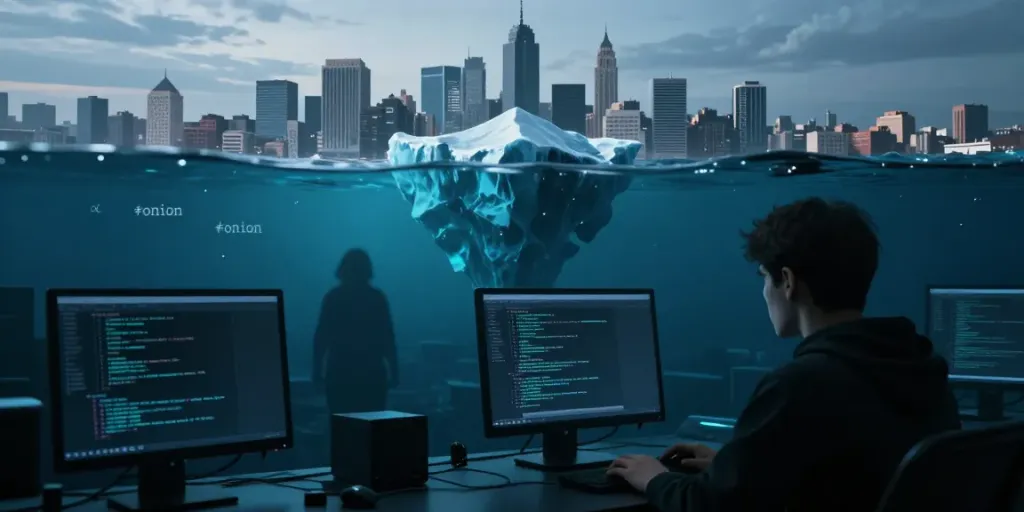 A captivating digital representation of the hidden wiki dark web, contrasting the surface web and dark web elements, depicting caution and intrigue.