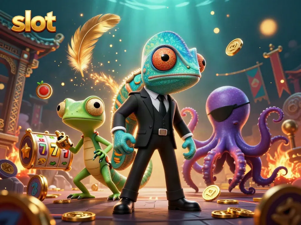 Engaging slot scene featuring a chameleon, gecko, and octopus amidst vibrant jackpot reels.