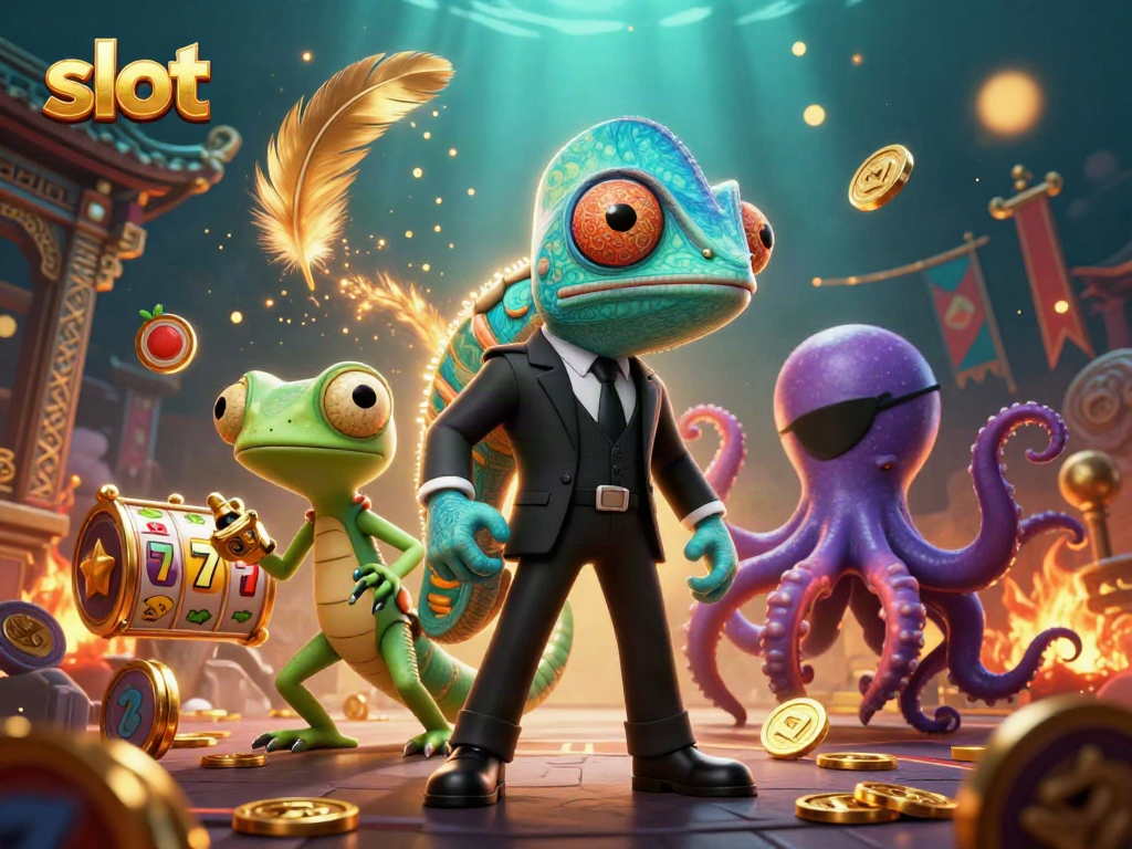 Engaging slot scene featuring a chameleon, gecko, and octopus amidst vibrant jackpot reels.