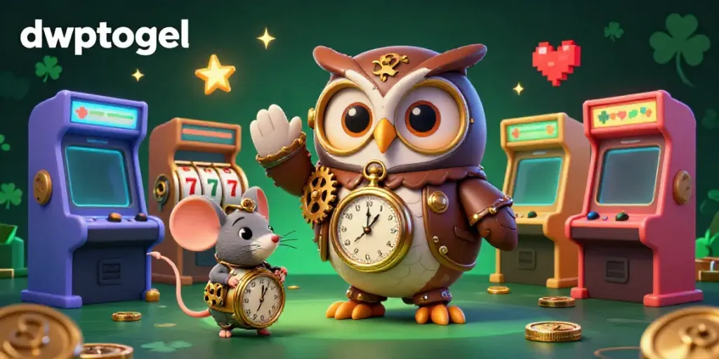 DWPTOGEL mempersembahkan ilustrasi steampunk kasino dengan karakter burung hantu yang menjelajahi waktu dan elemen permainan.