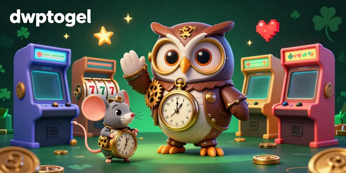 DWPTOGEL mempersembahkan ilustrasi steampunk kasino dengan karakter burung hantu yang menjelajahi waktu dan elemen permainan.