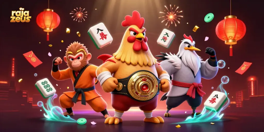 Raja Zeus menggambarkan suasana kasino dengan elemen keberuntungan dan petarung bercita rasa.