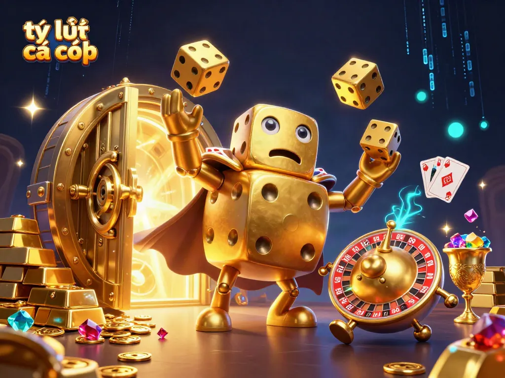 Experience the excitement of tỷ lệ cá cược with vibrant golden dice, jewels, and dynamic energy.