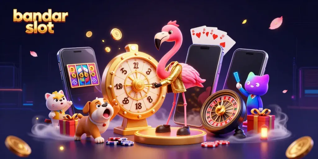 Permainan bandar slot menarik dengan flamingo pembawa acara dan bulldog, penuh slot dan kartu.