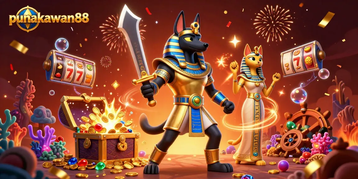 Punakawan88 presents an exciting 3D scene with Anubis and Bastet amidst vibrant casino elements.